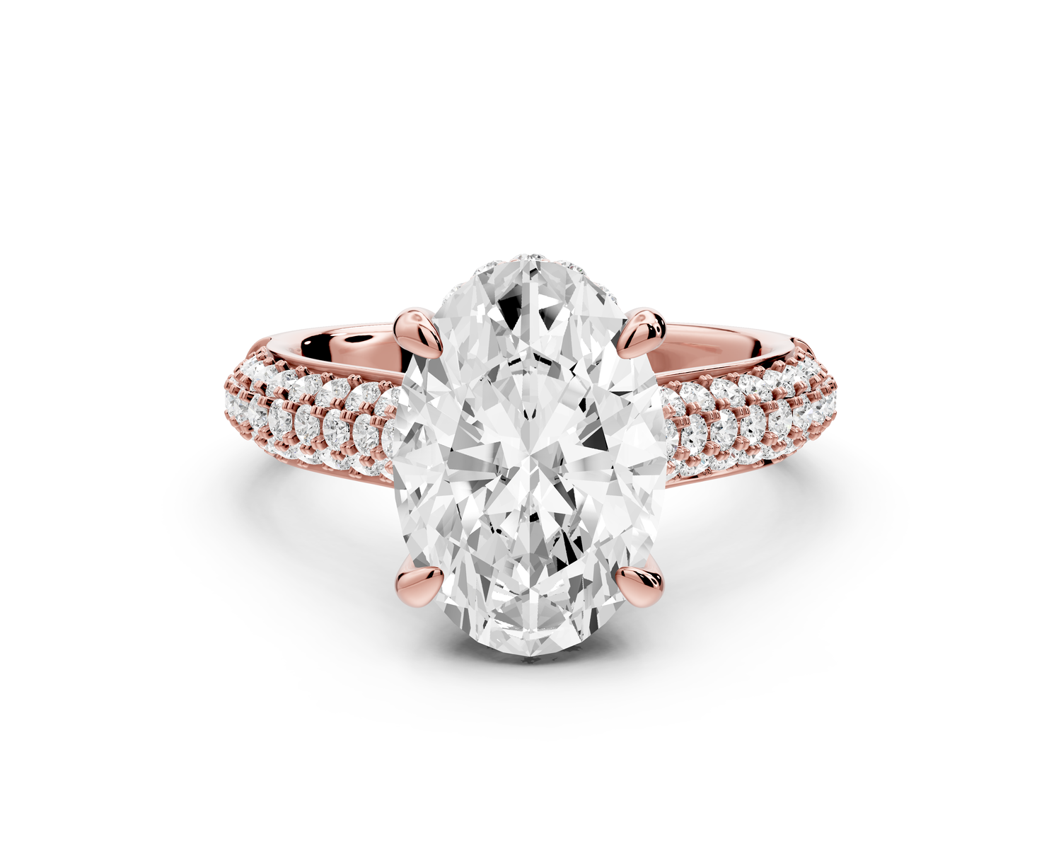 Camille - 3ct 14k rose gold oval Diamond hidden halo rollover pave cathedral Engagement ring