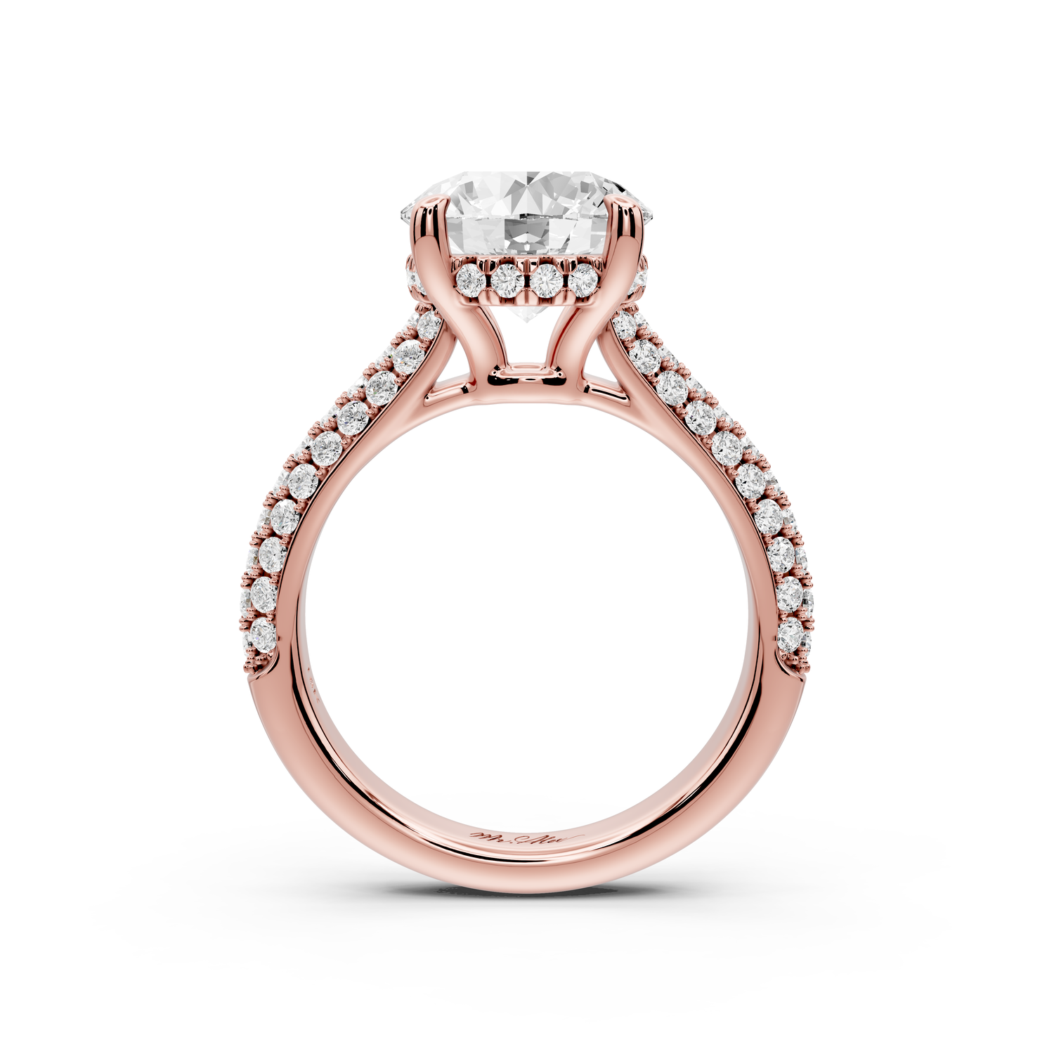 Camille - 3ct 14k rose gold round Diamond hidden halo rollover pave cathedral engagment ring