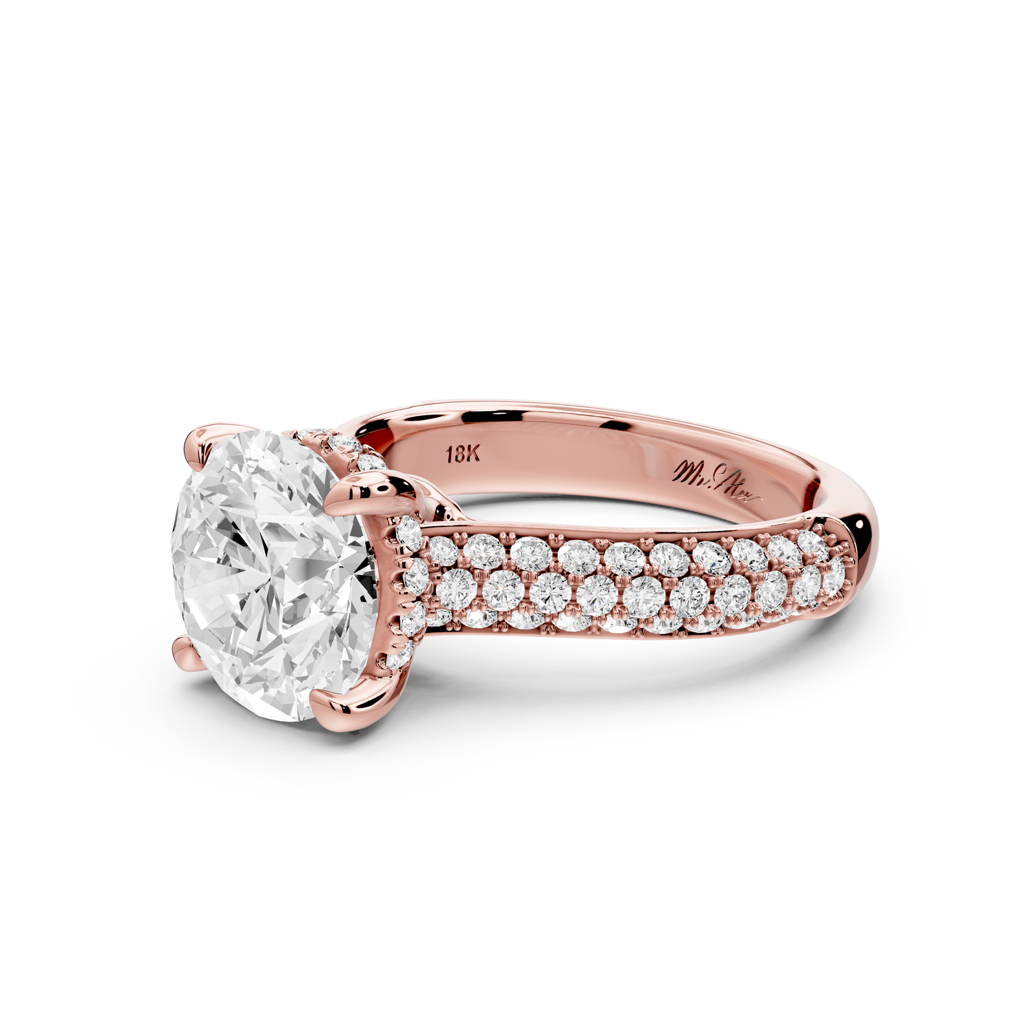 Camille - 3ct 14k rose gold round Diamond hidden halo rollover pave cathedral engagment ring
