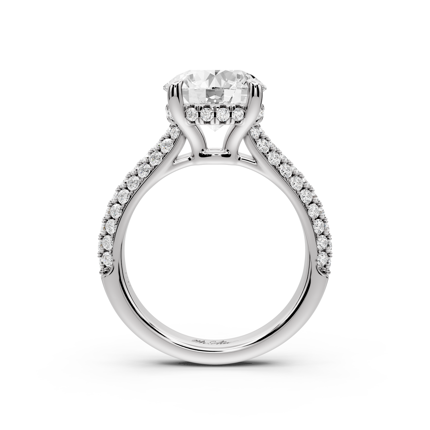 Camille - 3ct 14k white gold round Diamond hidden halo rollover pave cathedral engagment ring