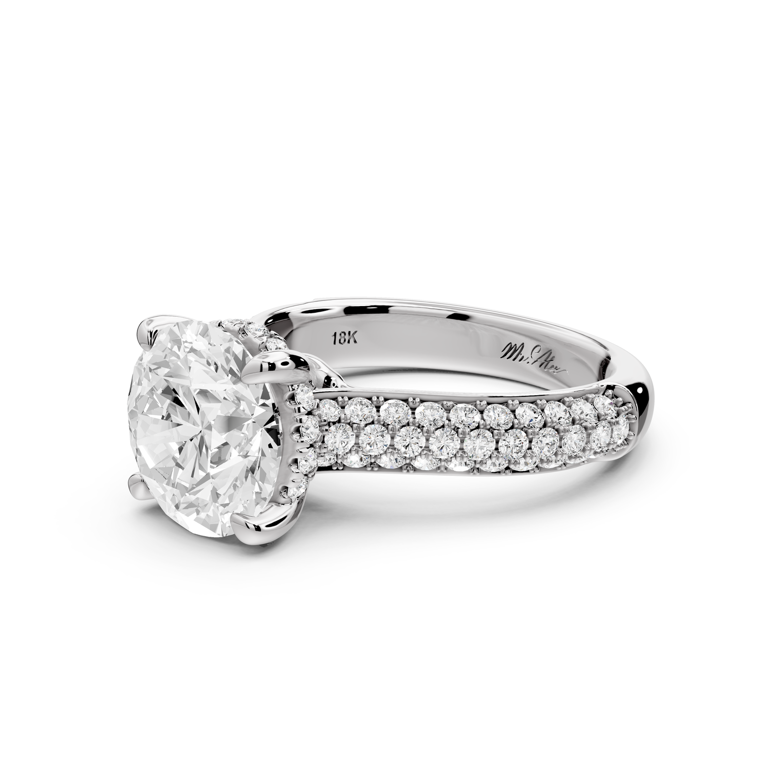 Camille - 3ct 14k white gold round Diamond hidden halo rollover pave cathedral engagment ring