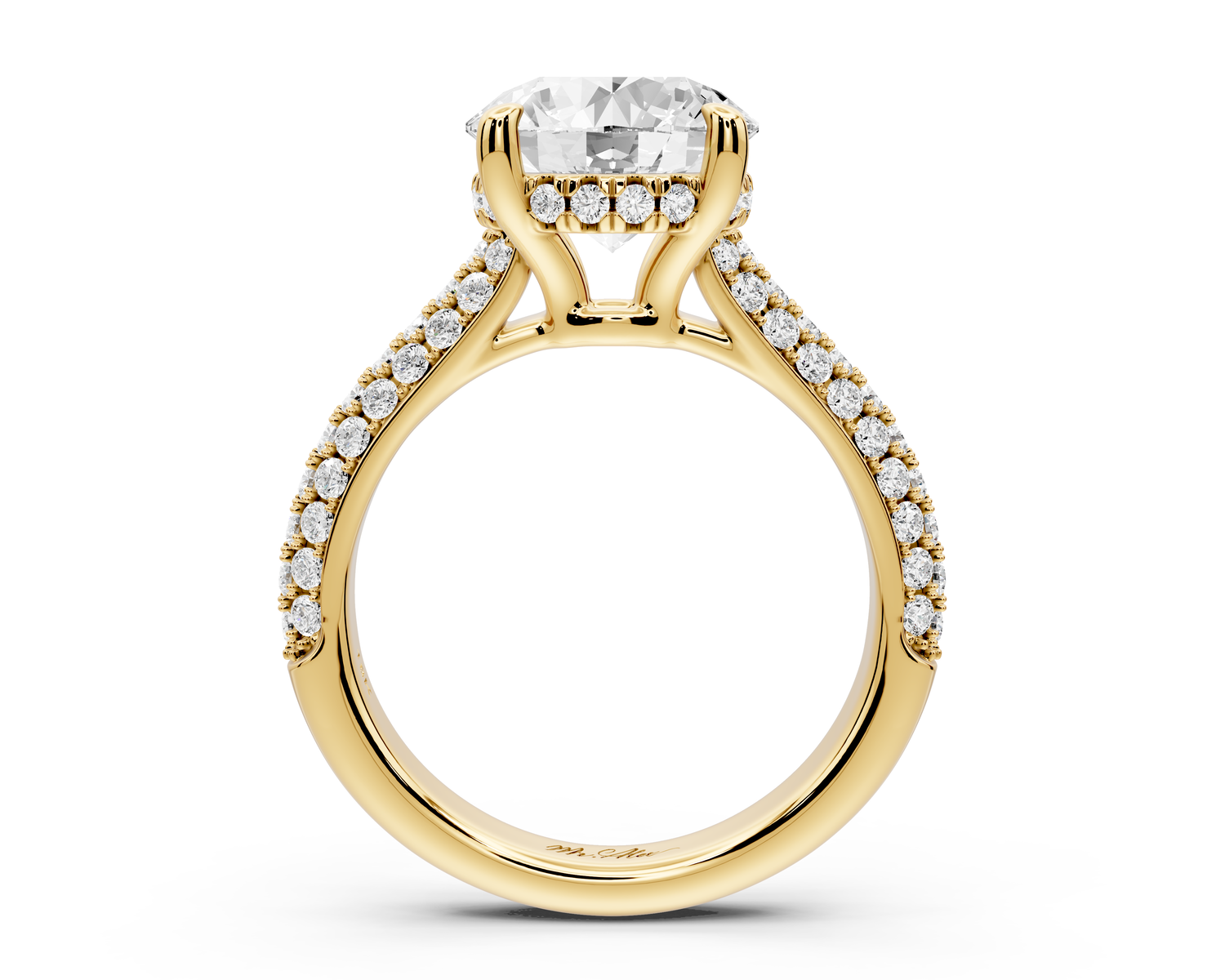 Camille - 3ct 14k yellow gold round Diamond hidden halo rollover pave cathedral engagment ring