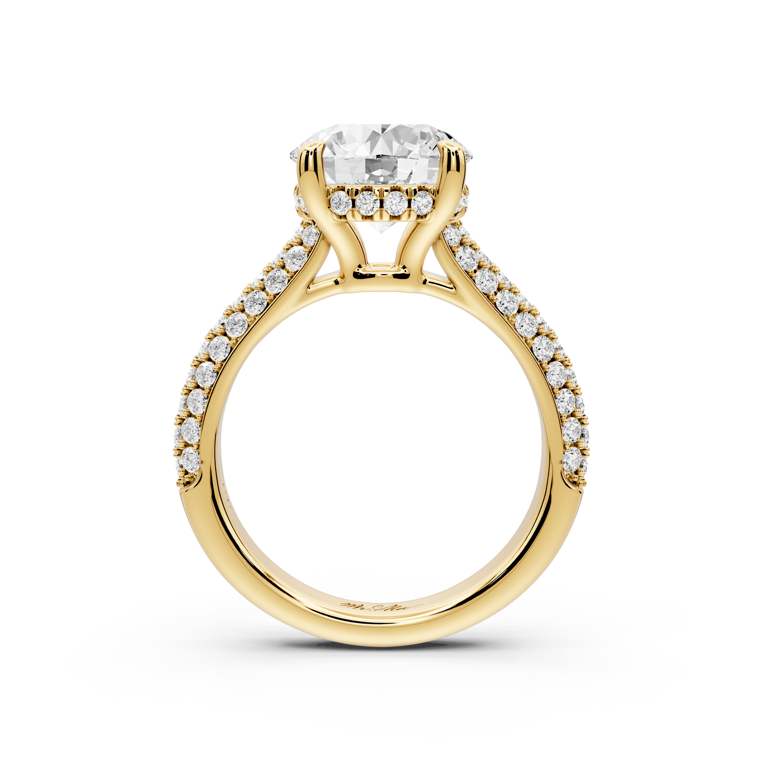Camille - 3ct 14k yellow gold round Diamond hidden halo rollover pave cathedral engagment ring