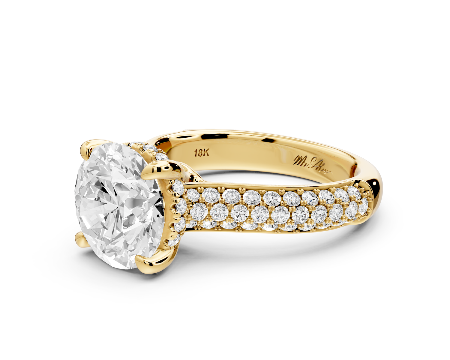 Camille - 3ct 14k yellow gold round Diamond hidden halo rollover pave cathedral engagment ring
