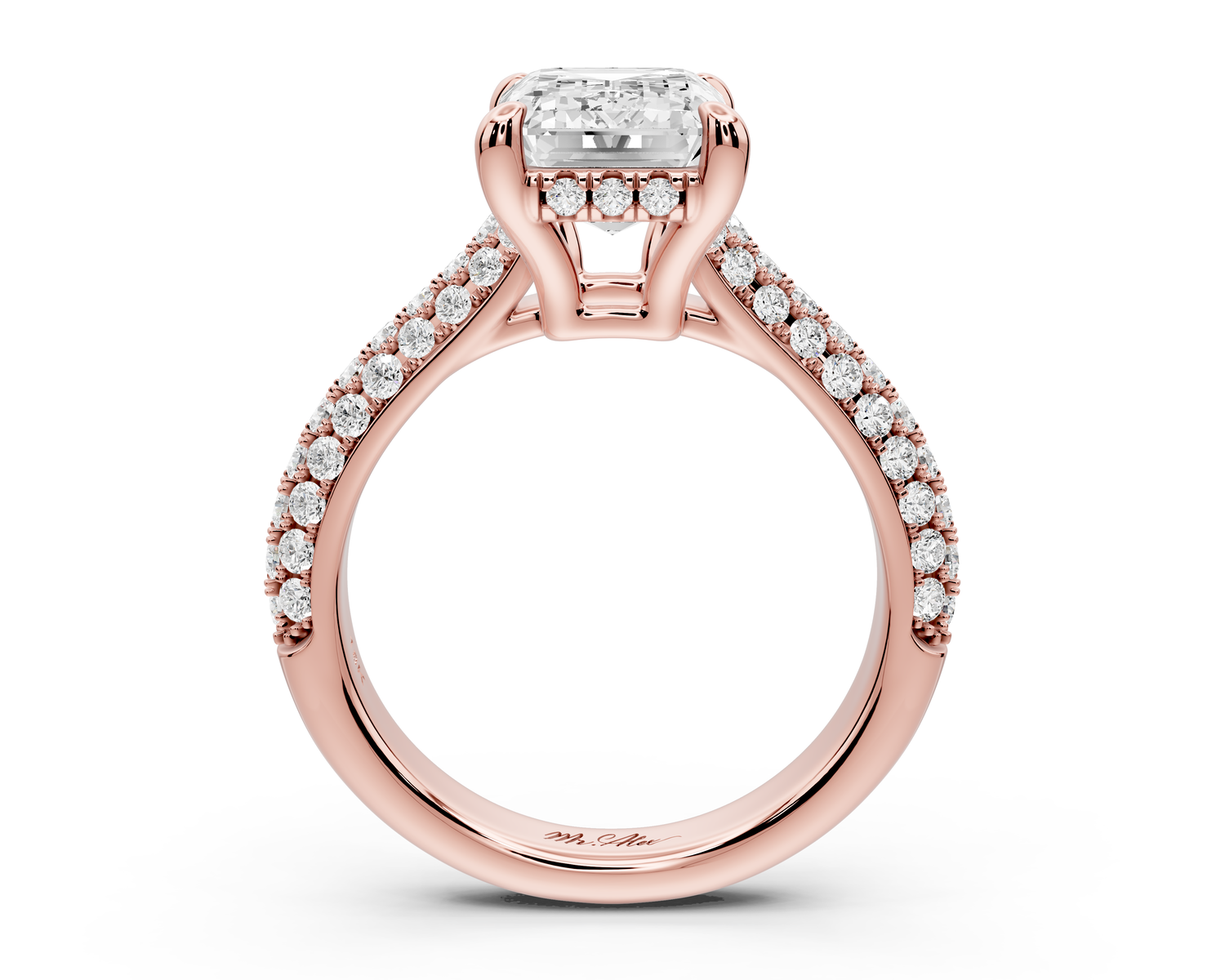 Camille - 4ct 14k rose gold emerald Diamond hidden halo rollover pave cathedral Engagement ring