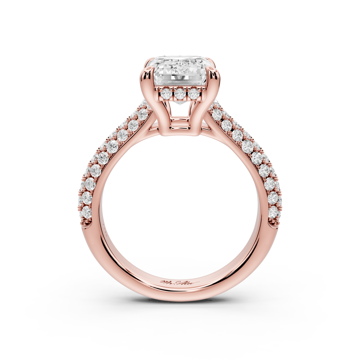 Camille - 4ct 14k rose gold emerald Diamond hidden halo rollover pave cathedral Engagement ring