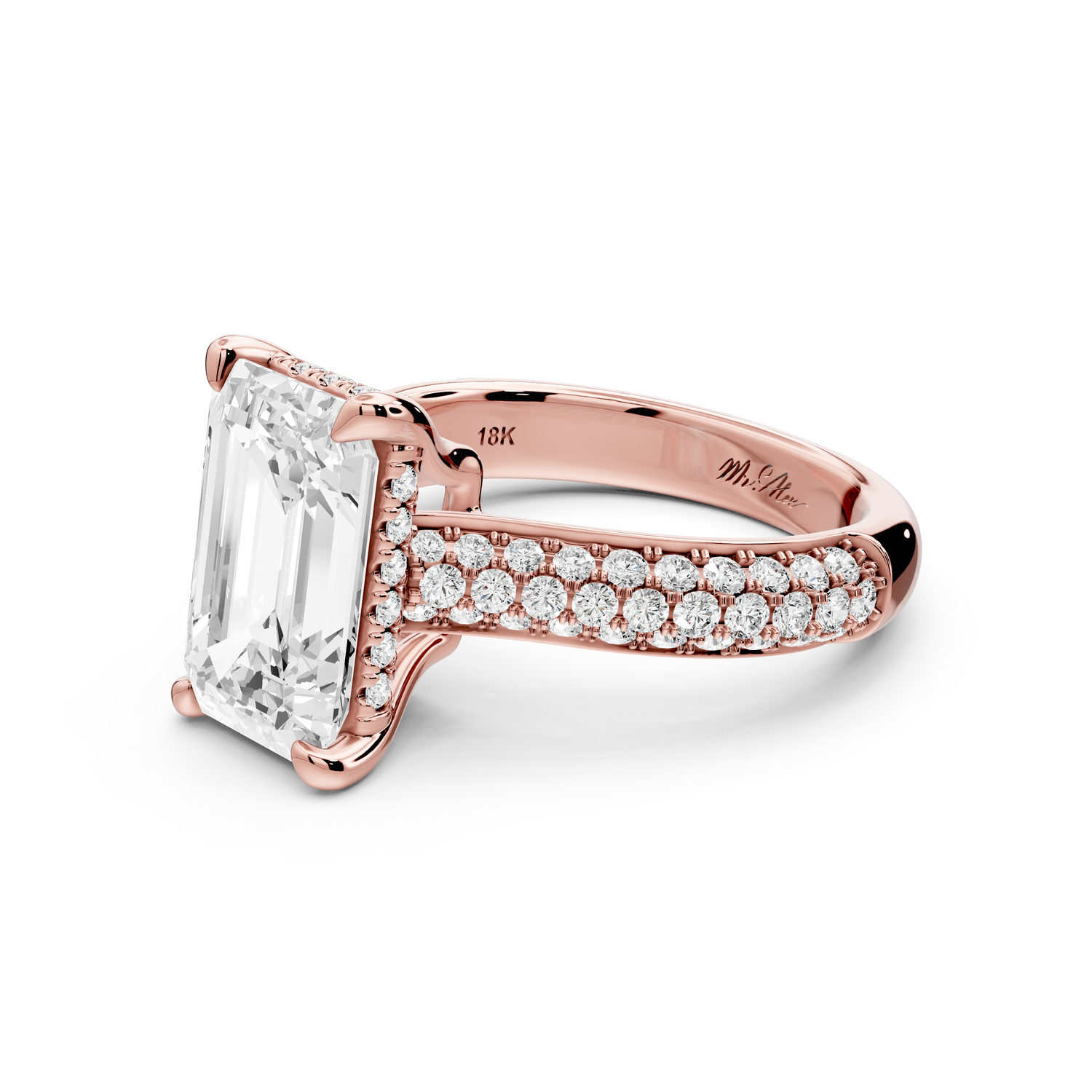 Camille - 4ct 14k rose gold emerald Diamond hidden halo rollover pave cathedral Engagement ring