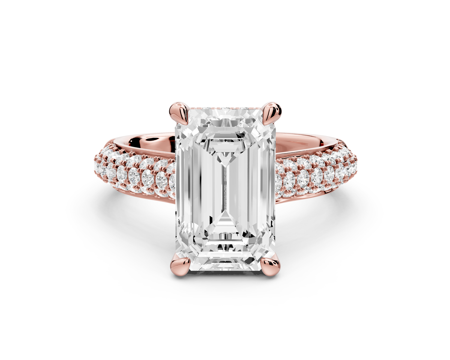 Camille - 4ct 14k rose gold emerald Diamond hidden halo rollover pave cathedral Engagement ring