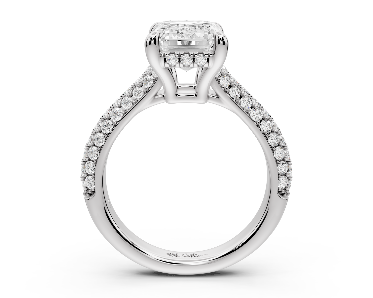 Camille - 4ct 14k white gold emerald Diamond hidden halo rollover pave cathedral Engagement ring