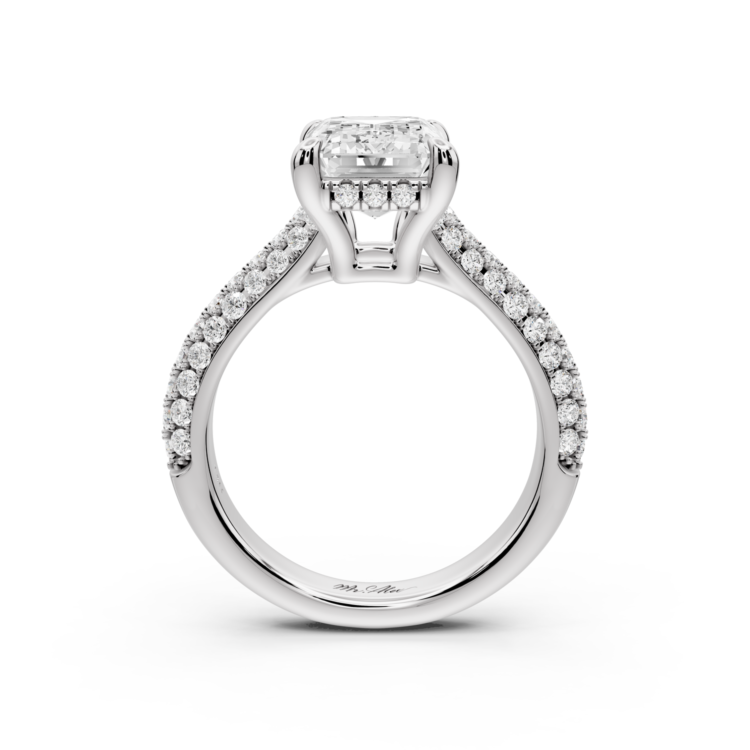 Camille - 4ct 14k white gold emerald Diamond hidden halo rollover pave cathedral Engagement ring