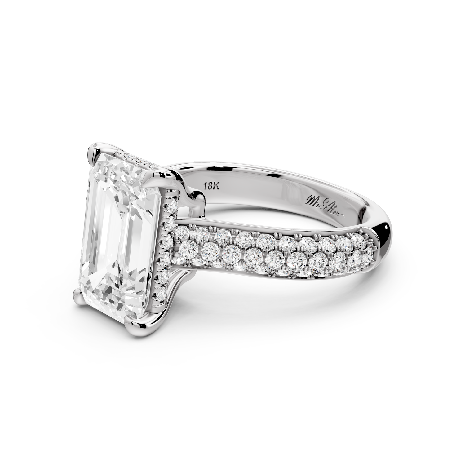 Camille - 4ct 14k white gold emerald Diamond hidden halo rollover pave cathedral Engagement ring