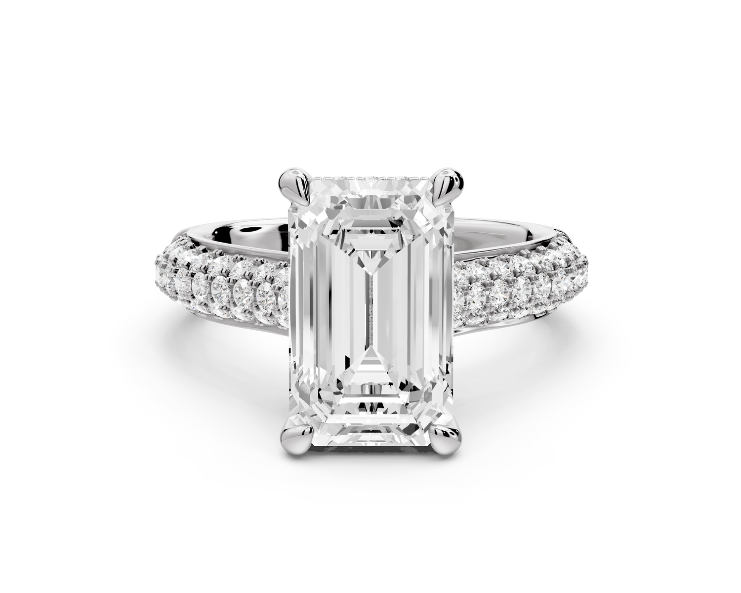 Camille - 4ct 14k white gold emerald Diamond hidden halo rollover pave cathedral Engagement ring