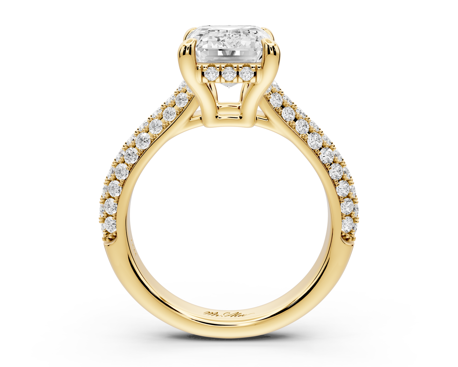 Camille - 4ct 14k yellow gold emerald Diamond hidden halo rollover pave cathedral Engagement ring