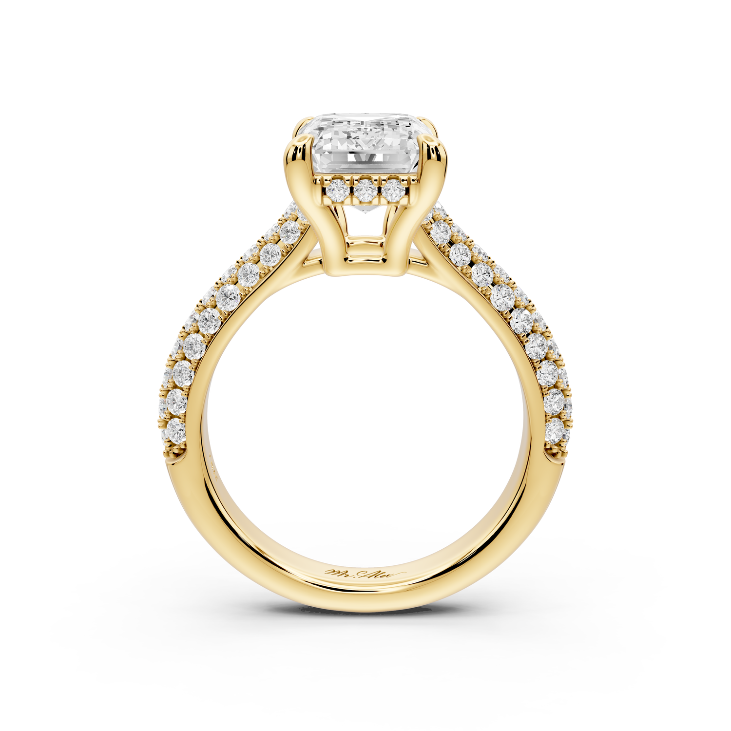 Camille - 4ct 14k yellow gold emerald Diamond hidden halo rollover pave cathedral Engagement ring