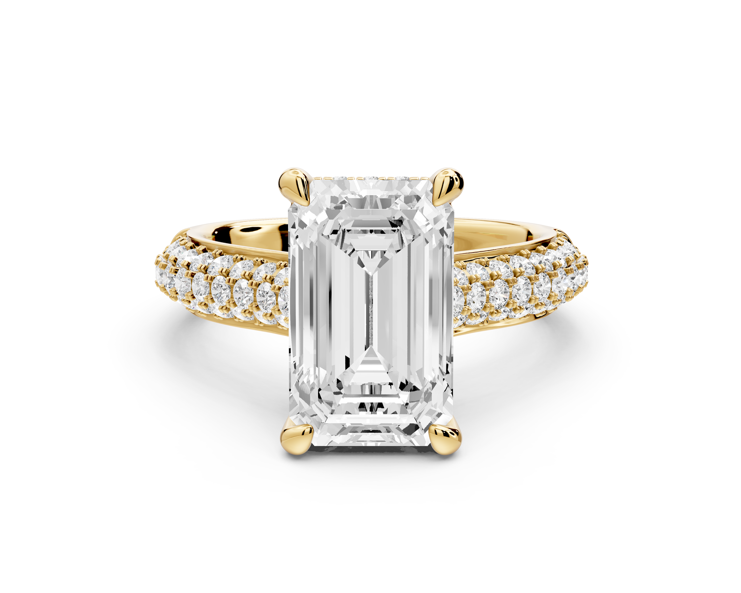 Camille - 4ct 14k yellow gold emerald Diamond hidden halo rollover pave cathedral Engagement ring