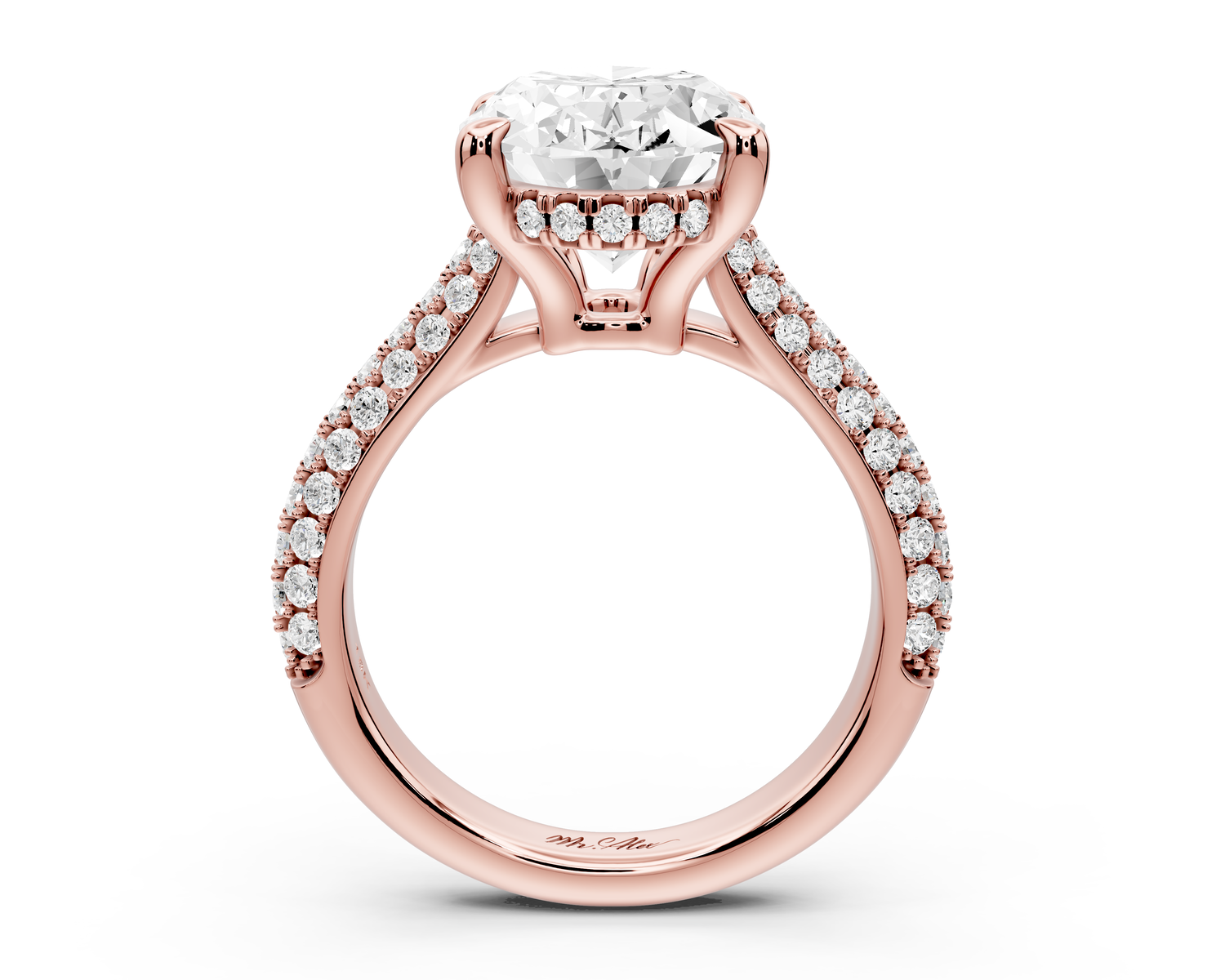 Camille - 4ct 14k rose gold oval Diamond hidden halo rollover pave cathedral Engagement ring