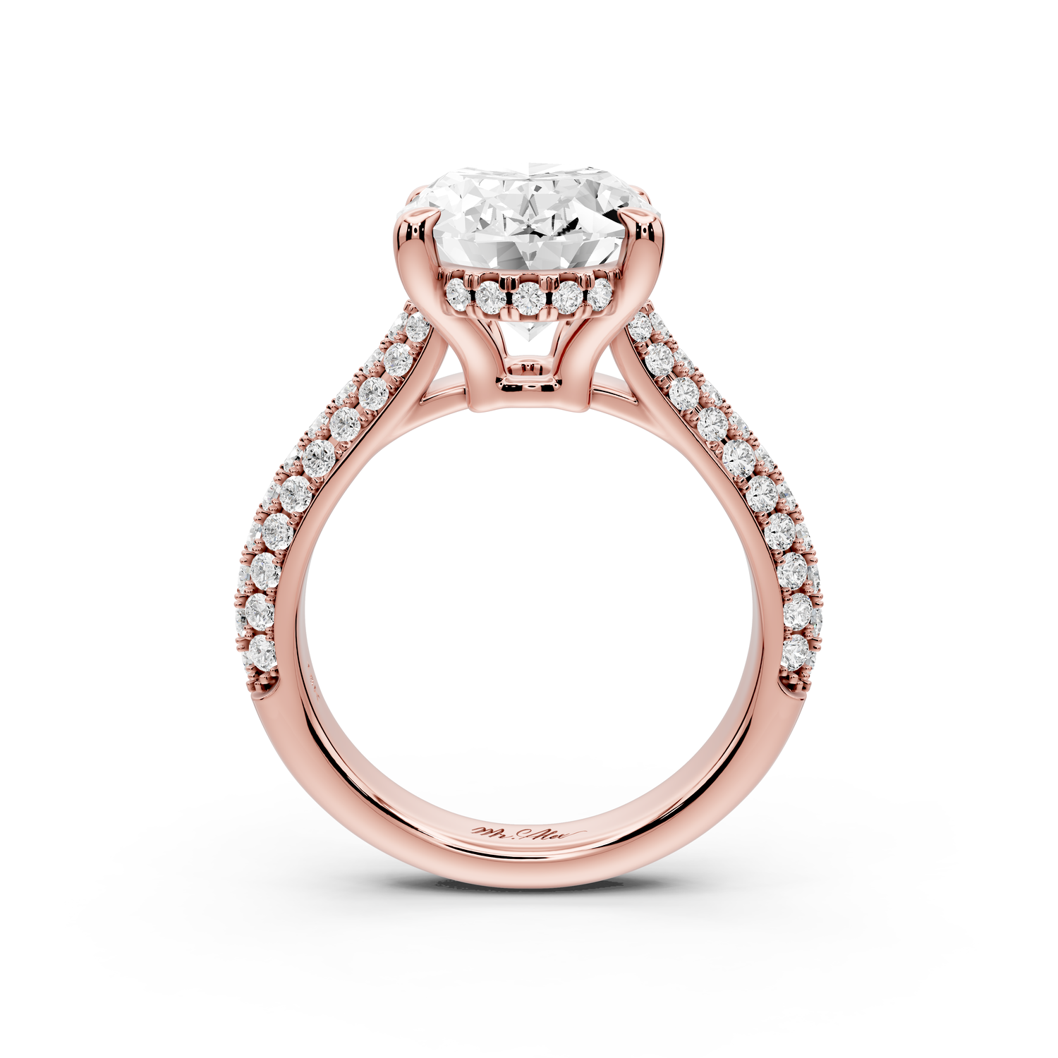 Camille - 4ct 14k rose gold oval Diamond hidden halo rollover pave cathedral Engagement ring