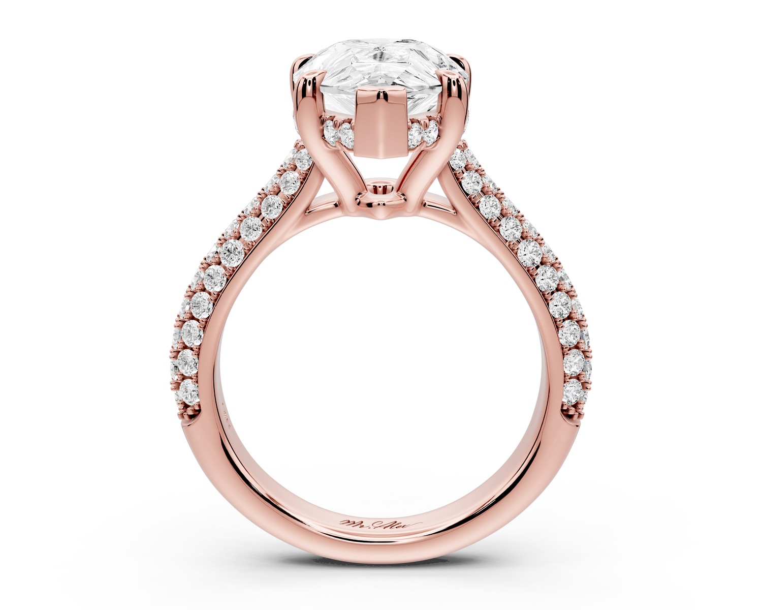 Camille - 4ct 18k rose gold pear Diamond hidden halo rollover pave cathedral Engagement ring