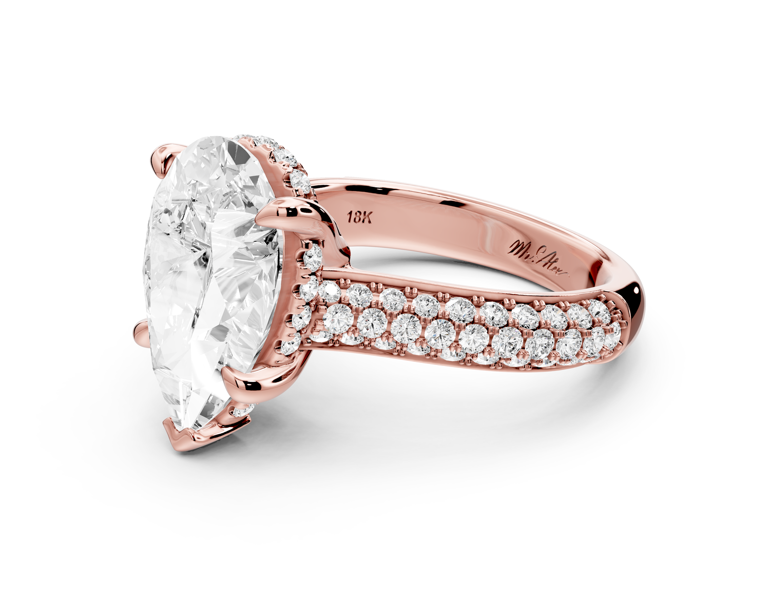 Camille - 4ct 18k rose gold pear Diamond hidden halo rollover pave cathedral Engagement ring
