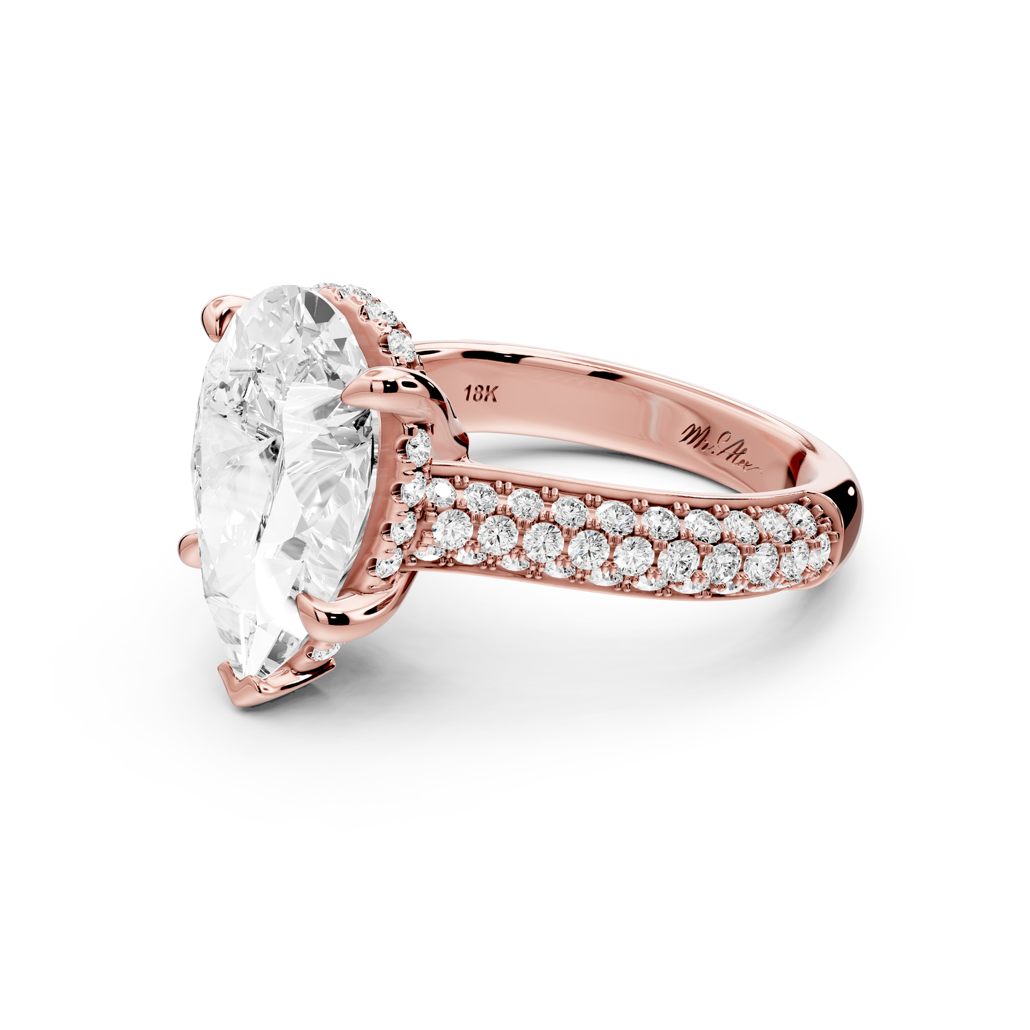 Camille - 4ct 18k rose gold pear Diamond hidden halo rollover pave cathedral Engagement ring