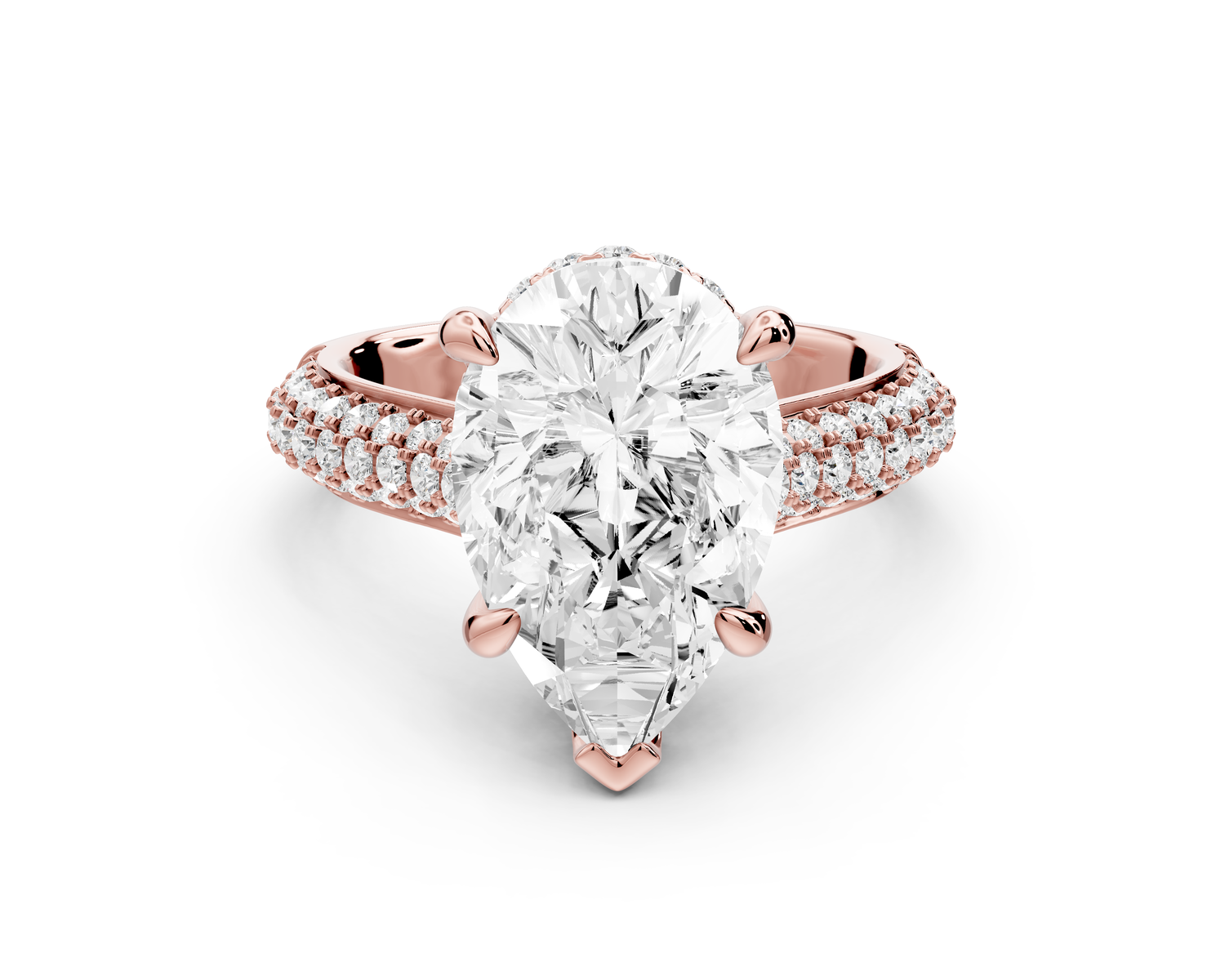 Camille - 4ct 14k rose gold pear Diamond hidden halo rollover pave cathedral Engagement ring