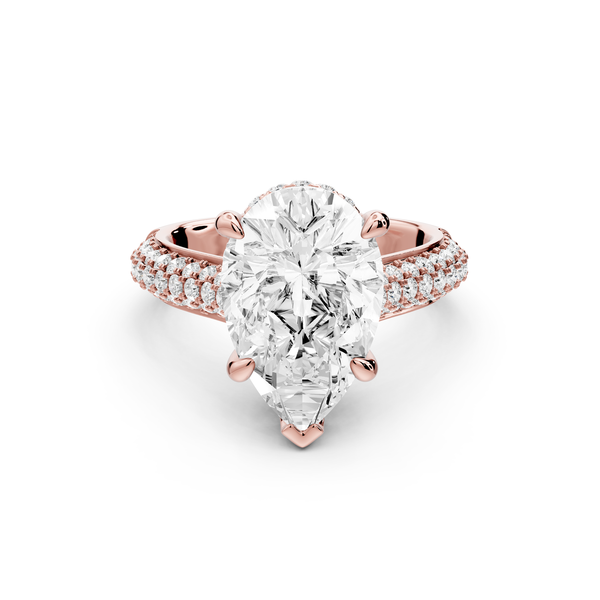 Camille - 4ct 14k rose gold pear Diamond hidden halo rollover pave cathedral Engagement ring