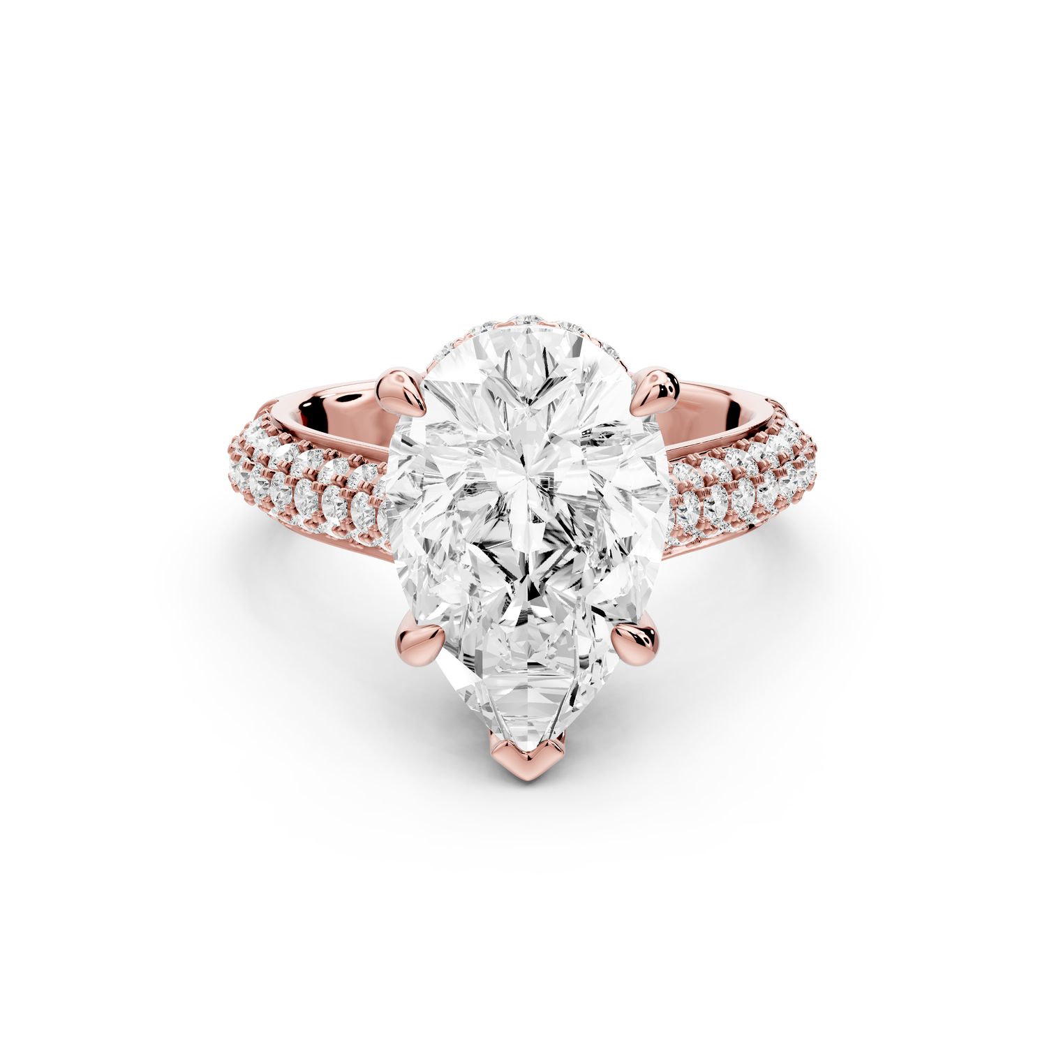 Camille - 4ct 18k rose gold pear Diamond hidden halo rollover pave cathedral Engagement ring
