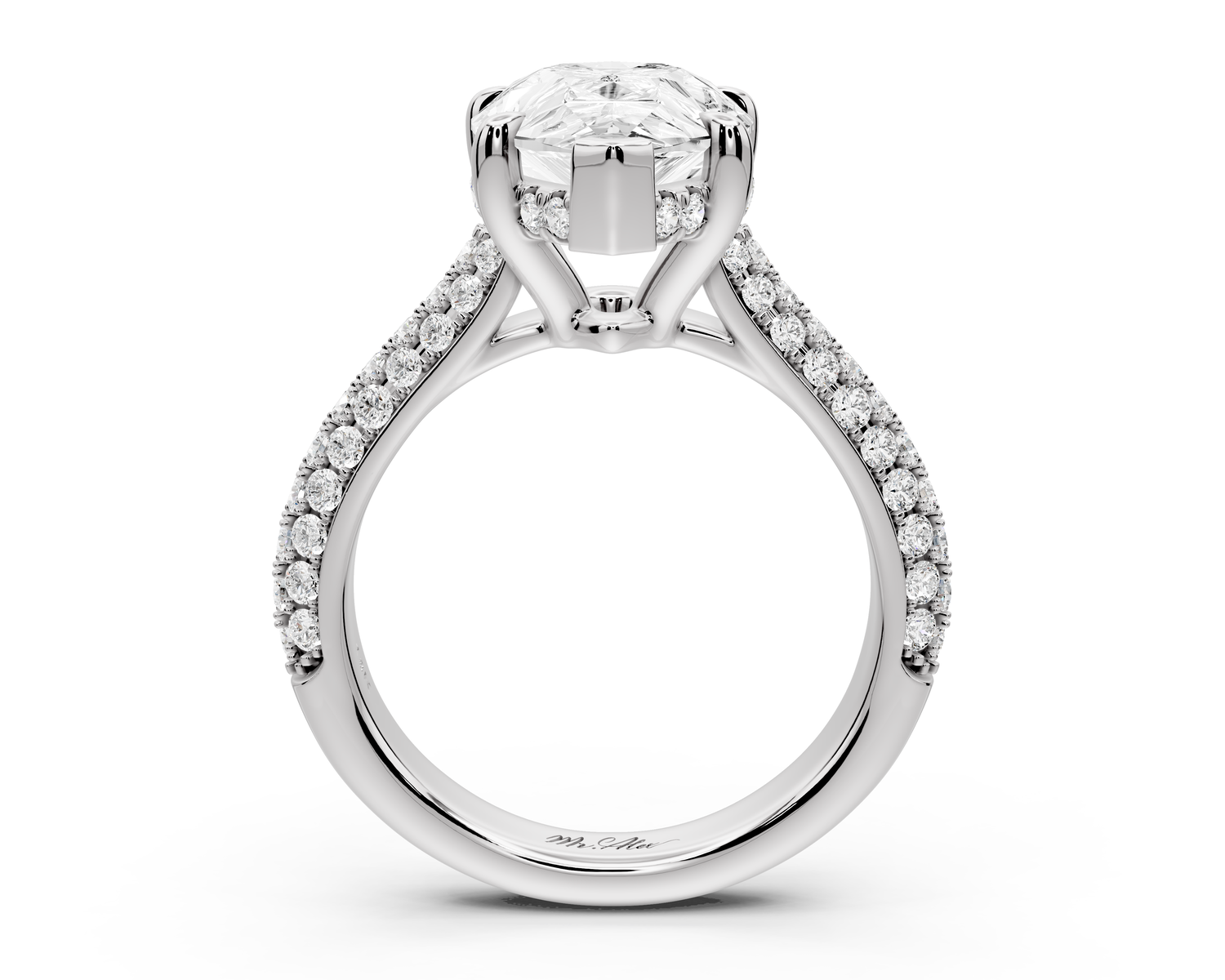 Camille - 4ct 14k white gold pear Diamond hidden halo rollover pave cathedral Engagement ring