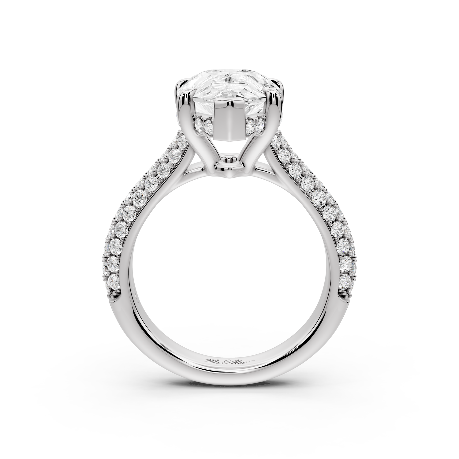 Camille - 4ct 14k white gold pear Diamond hidden halo rollover pave cathedral Engagement ring