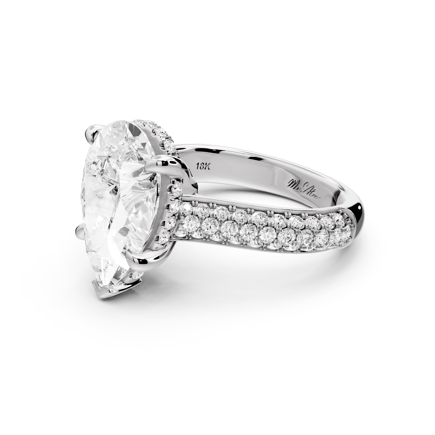 Camille - 4ct 18k white gold pear Diamond hidden halo rollover pave cathedral Engagement ring
