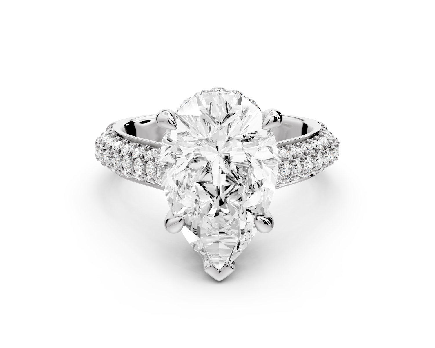 Camille - 4ct 14k white gold pear Diamond hidden halo rollover pave cathedral Engagement ring