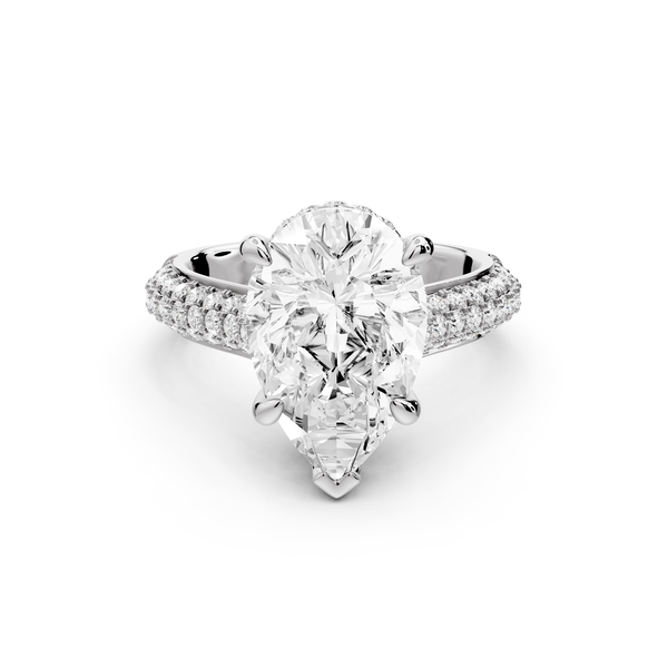 Camille - 4ct 14k white gold pear Diamond hidden halo rollover pave cathedral Engagement ring