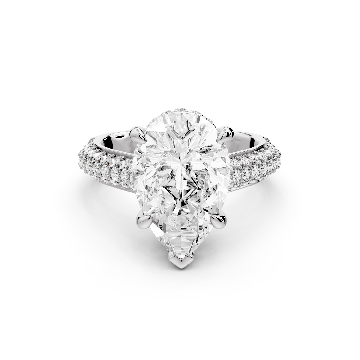 Camille - 4ct 18k white gold pear Diamond hidden halo rollover pave cathedral Engagement ring