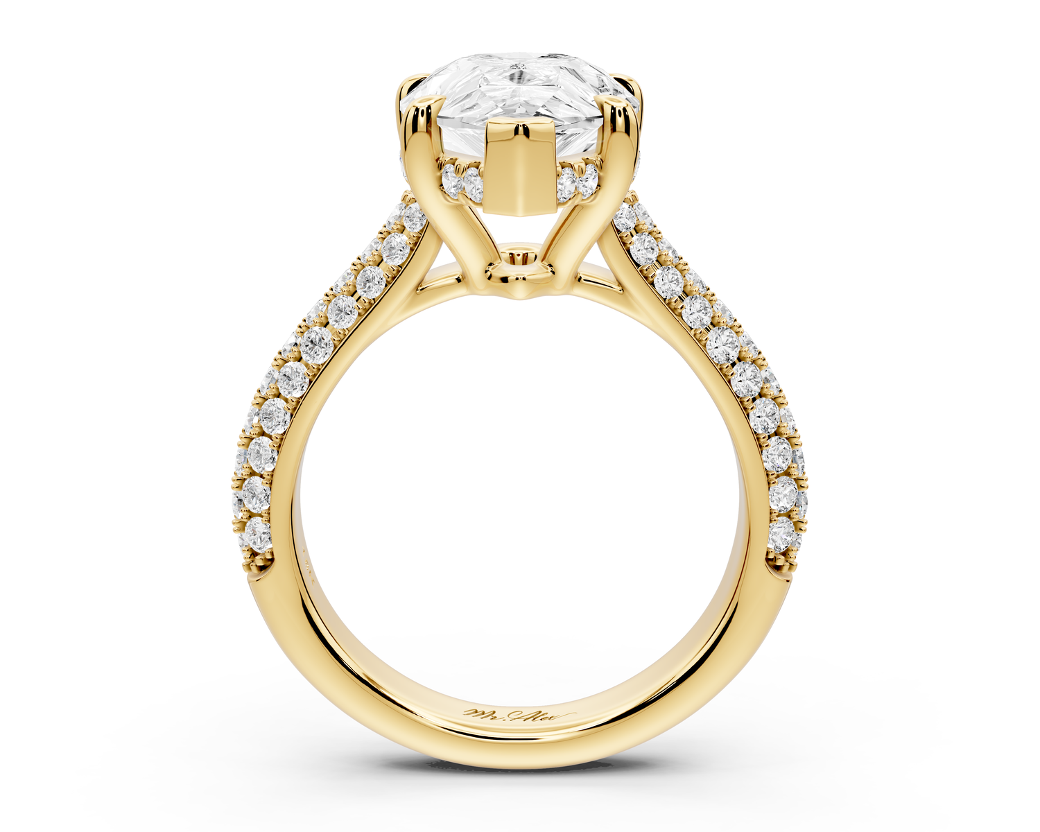 Camille - 4ct 14k yellow gold pear Diamond hidden halo rollover pave cathedral Engagement ring