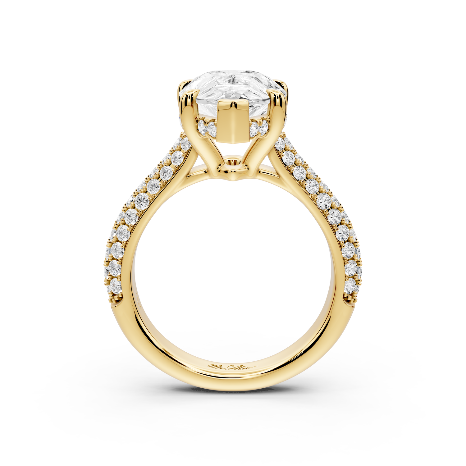 Camille - 4ct 14k yellow gold pear Diamond hidden halo rollover pave cathedral Engagement ring