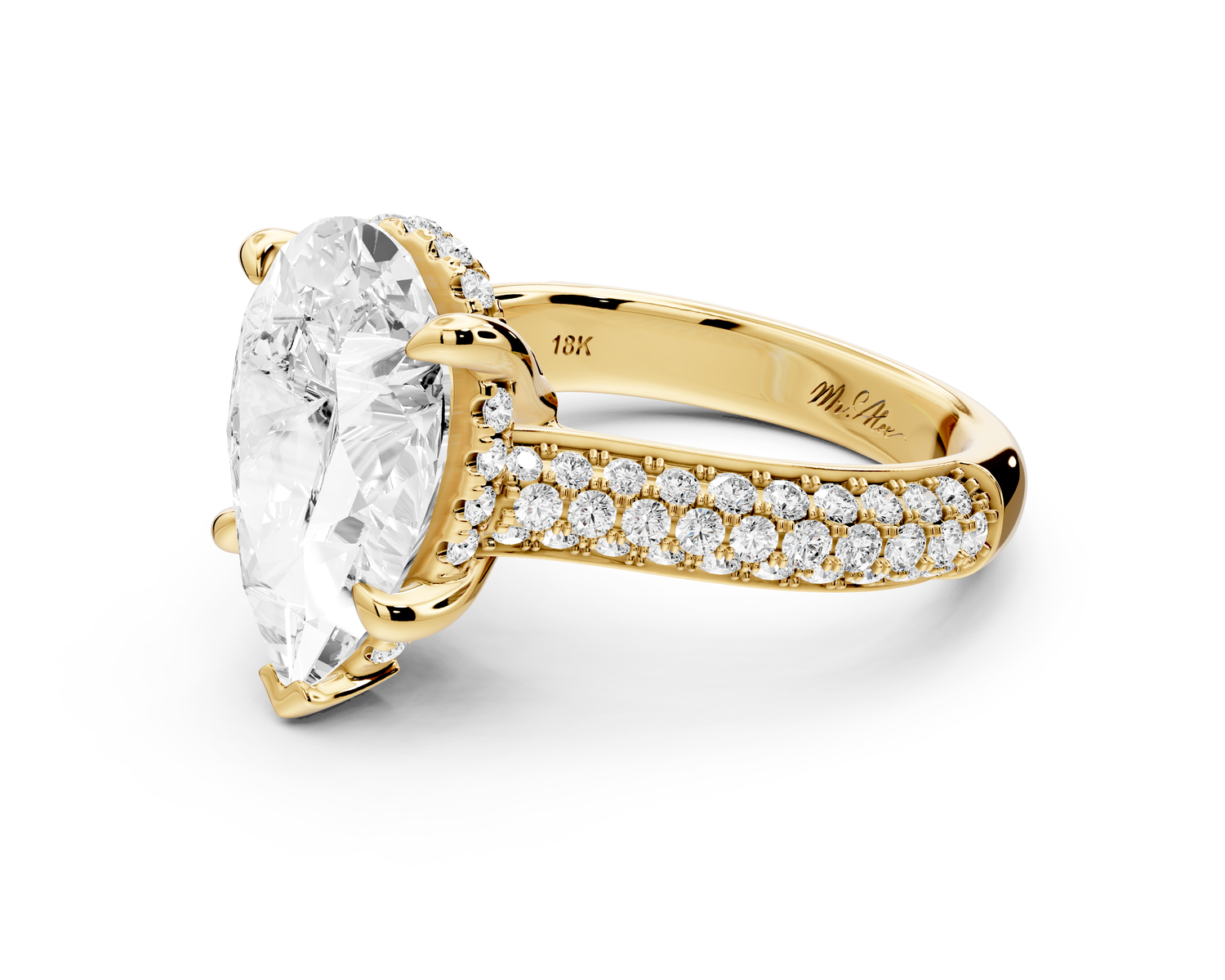 Camille - 4ct 14k yellow gold pear Diamond hidden halo rollover pave cathedral Engagement ring