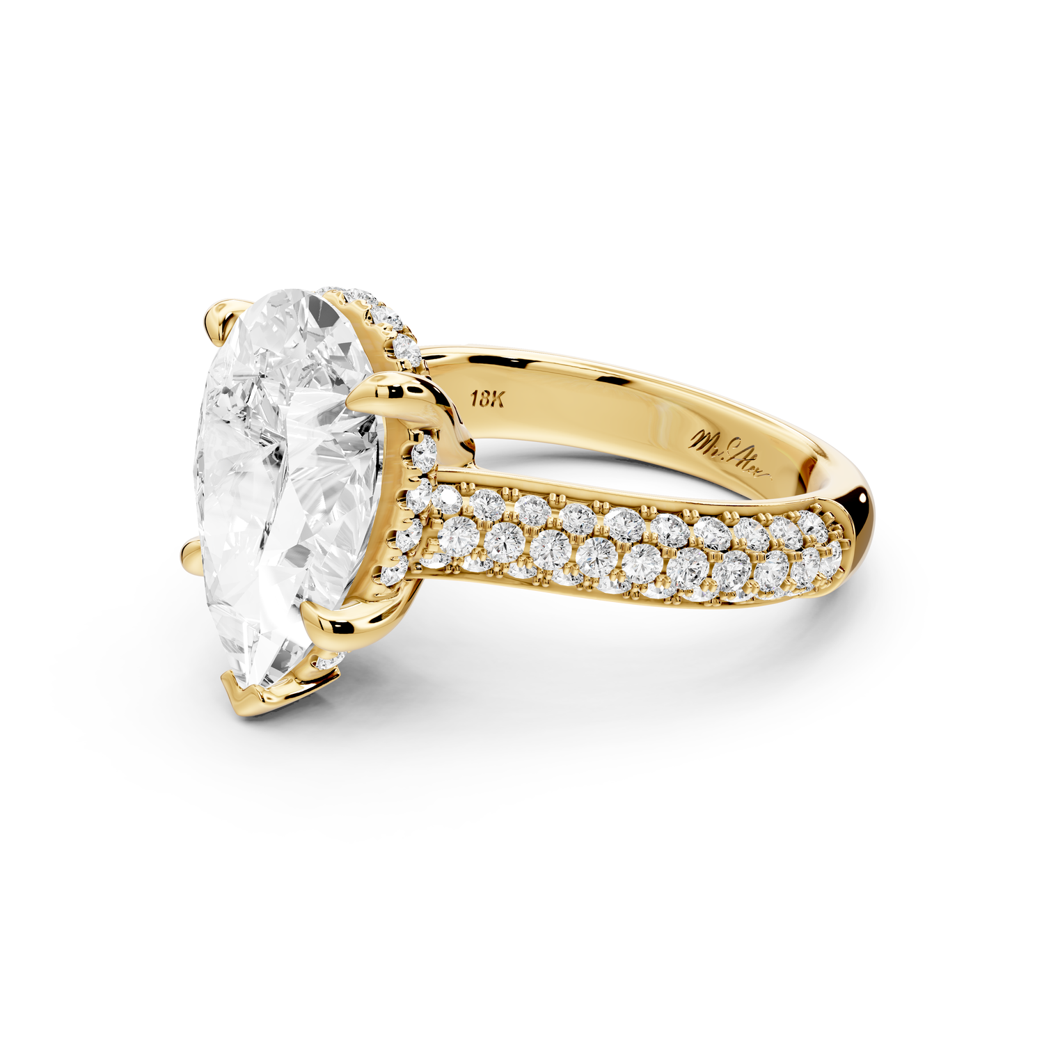 Camille - 4ct 18k yellow gold pear Diamond hidden halo rollover pave cathedral Engagement ring