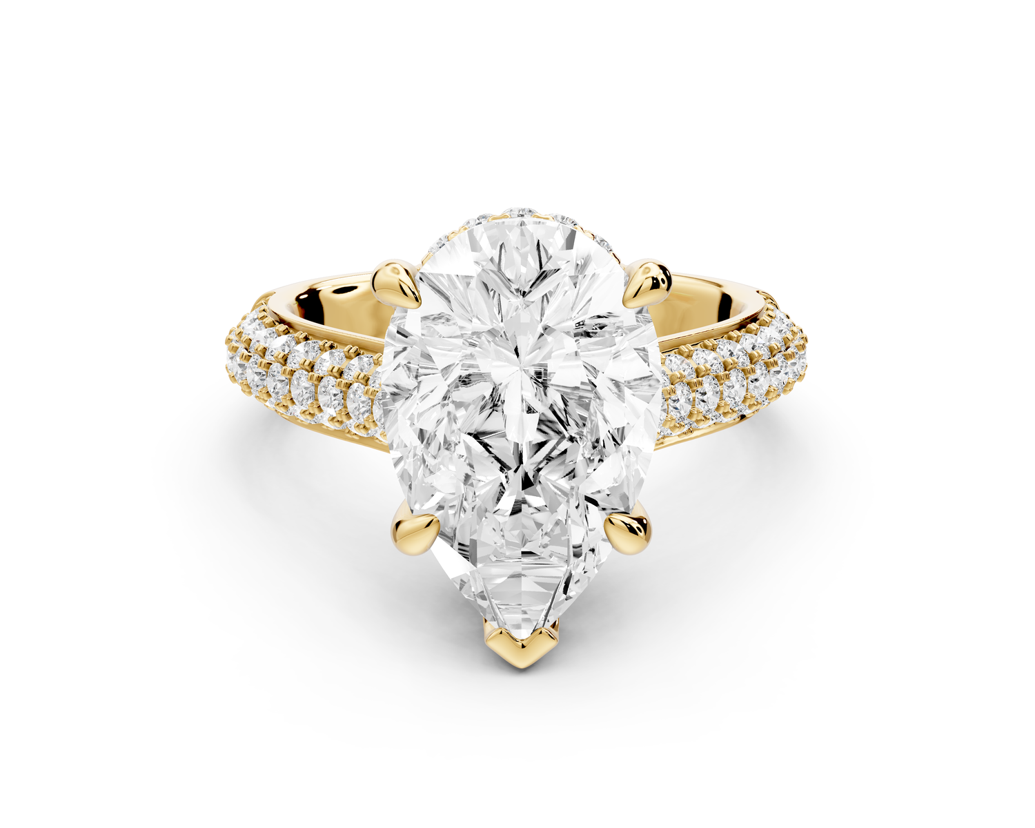 Camille - 4ct 14k yellow gold pear Diamond hidden halo rollover pave cathedral Engagement ring