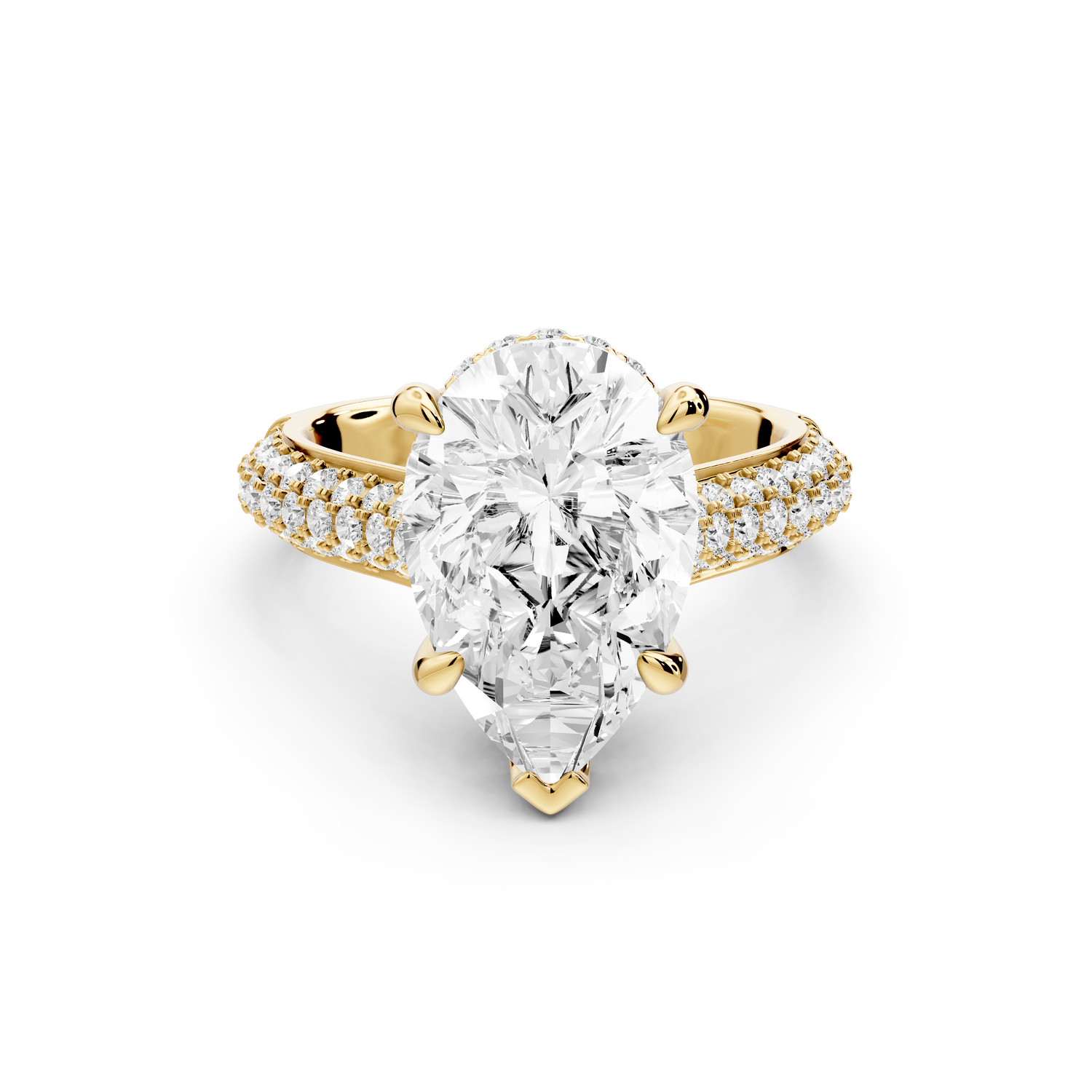 Camille - 4ct 18k yellow gold pear Diamond hidden halo rollover pave cathedral Engagement ring