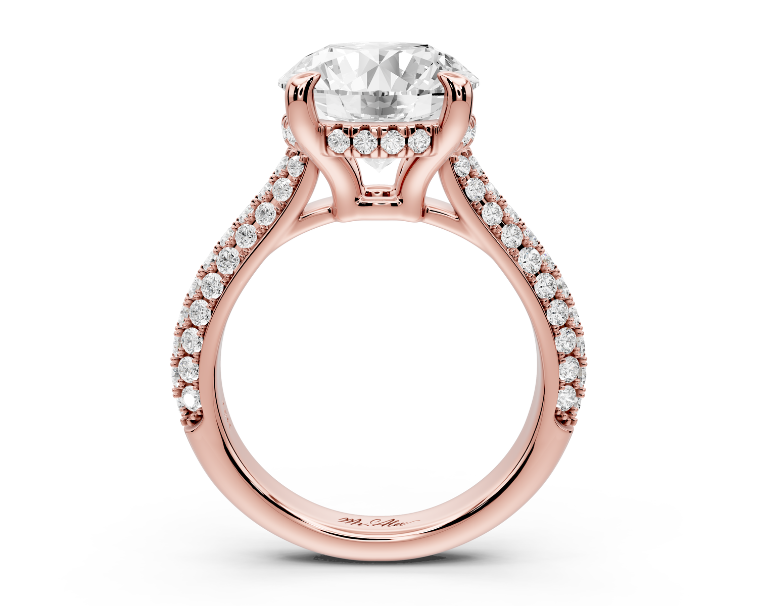 Camille - 4ct 14k rose gold round Diamond hidden halo rollover pave cathedral engagment ring