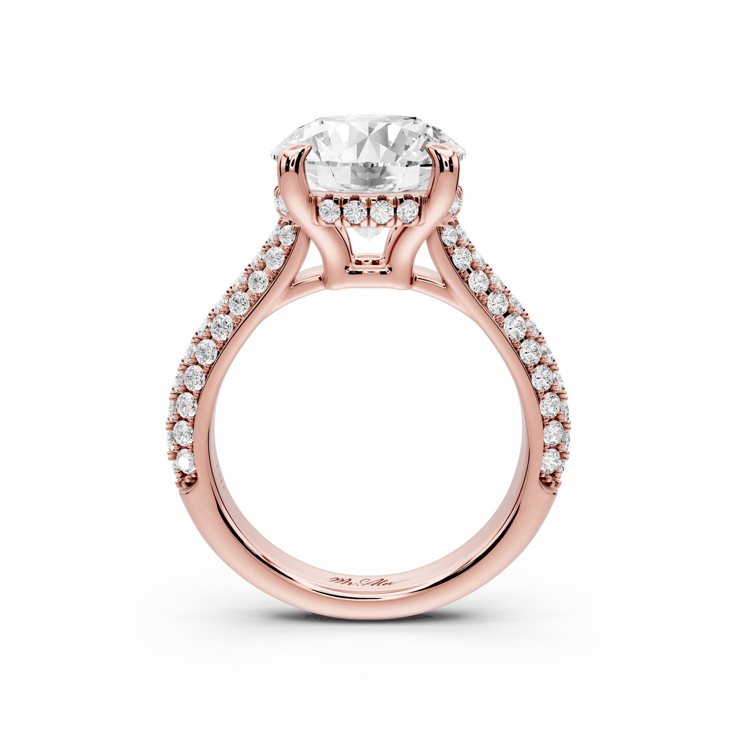 Camille - 4ct 14k rose gold round Diamond hidden halo rollover pave cathedral engagment ring