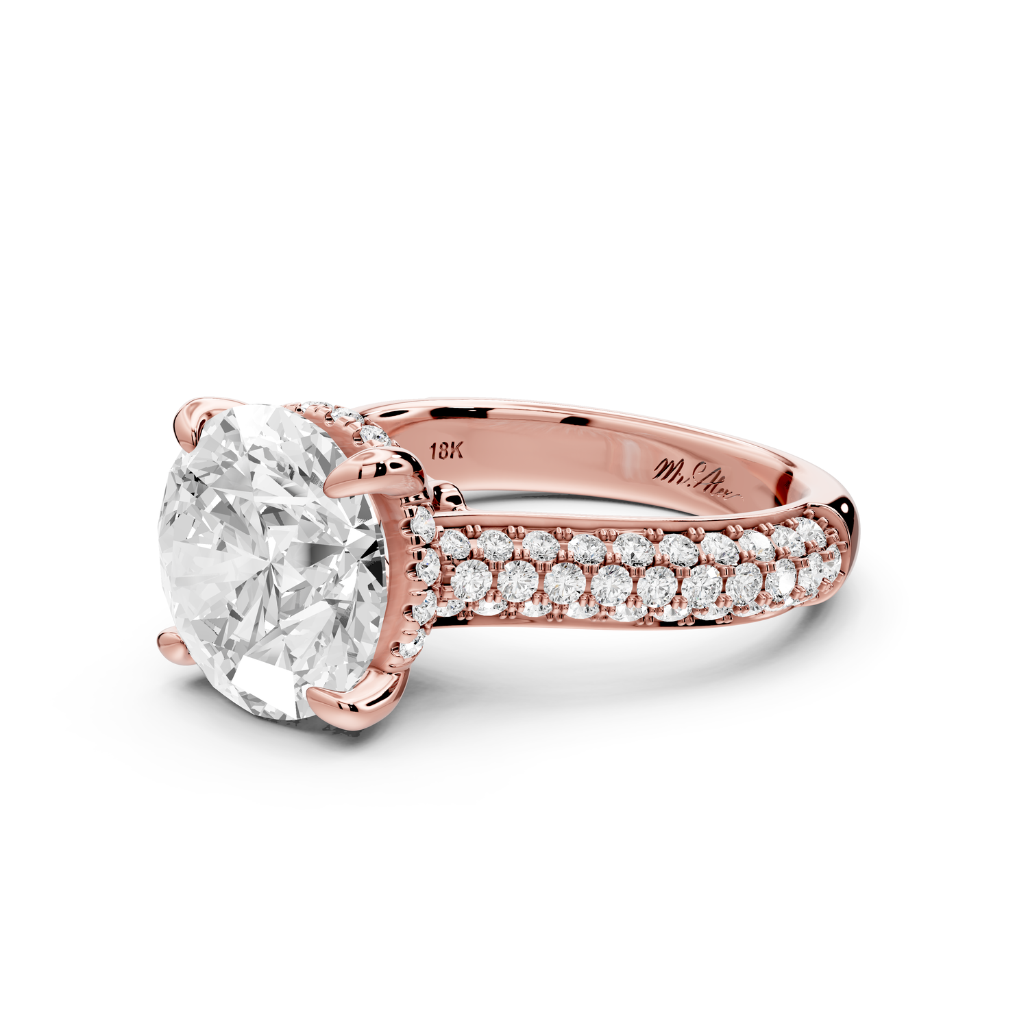 Camille - 4ct 14k rose gold round Diamond hidden halo rollover pave cathedral engagment ring