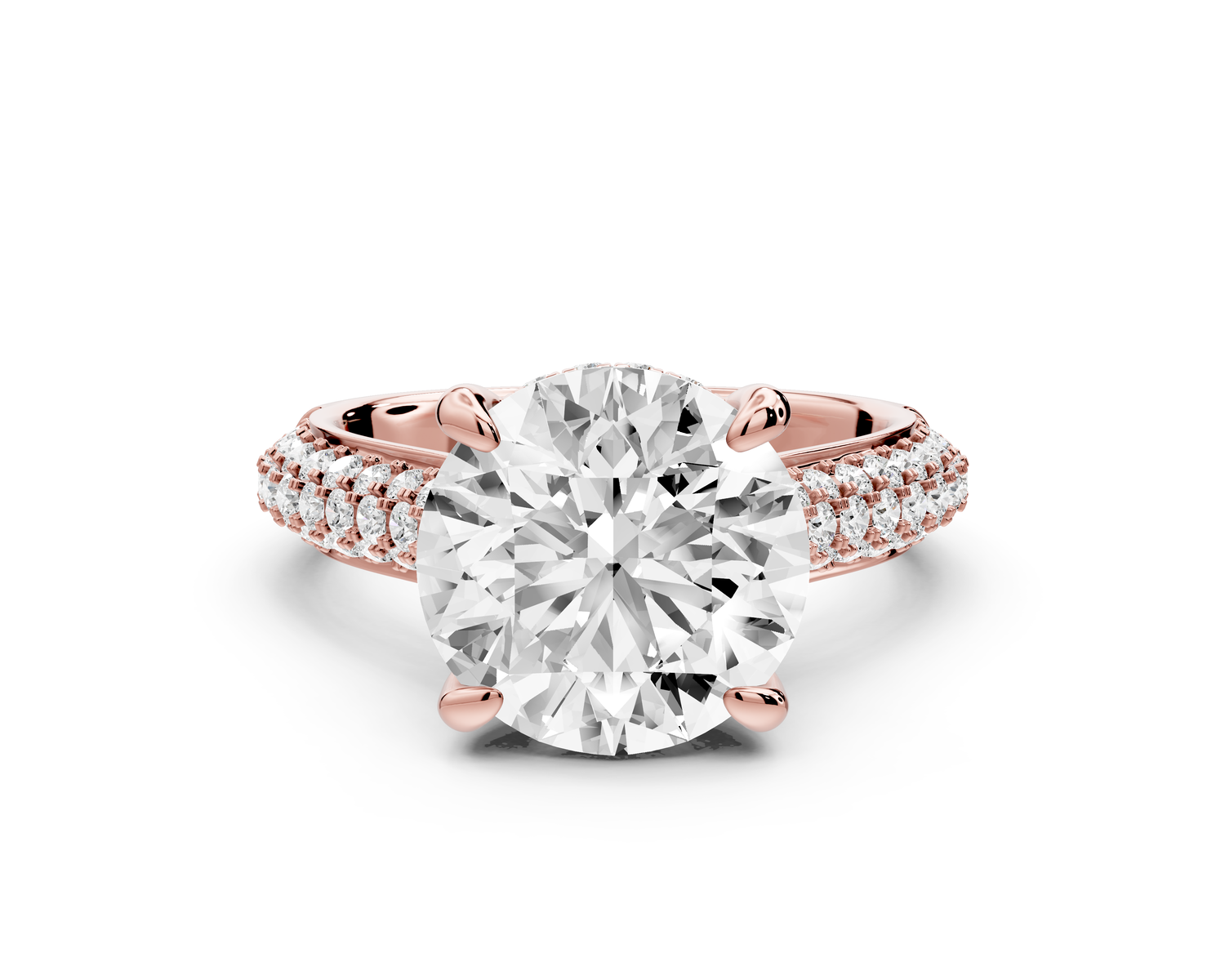 Camille - 4ct 14k rose gold round Diamond hidden halo rollover pave cathedral engagment ring