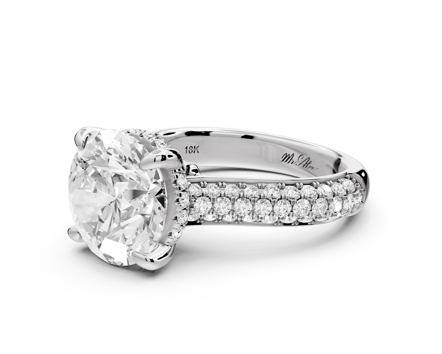 Camille - 4ct 14k white gold round Diamond hidden halo rollover pave cathedral engagment ring