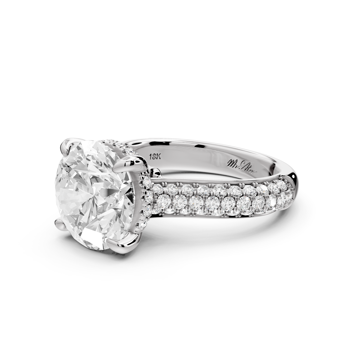 Camille - 4ct 14k white gold round Diamond hidden halo rollover pave cathedral engagment ring