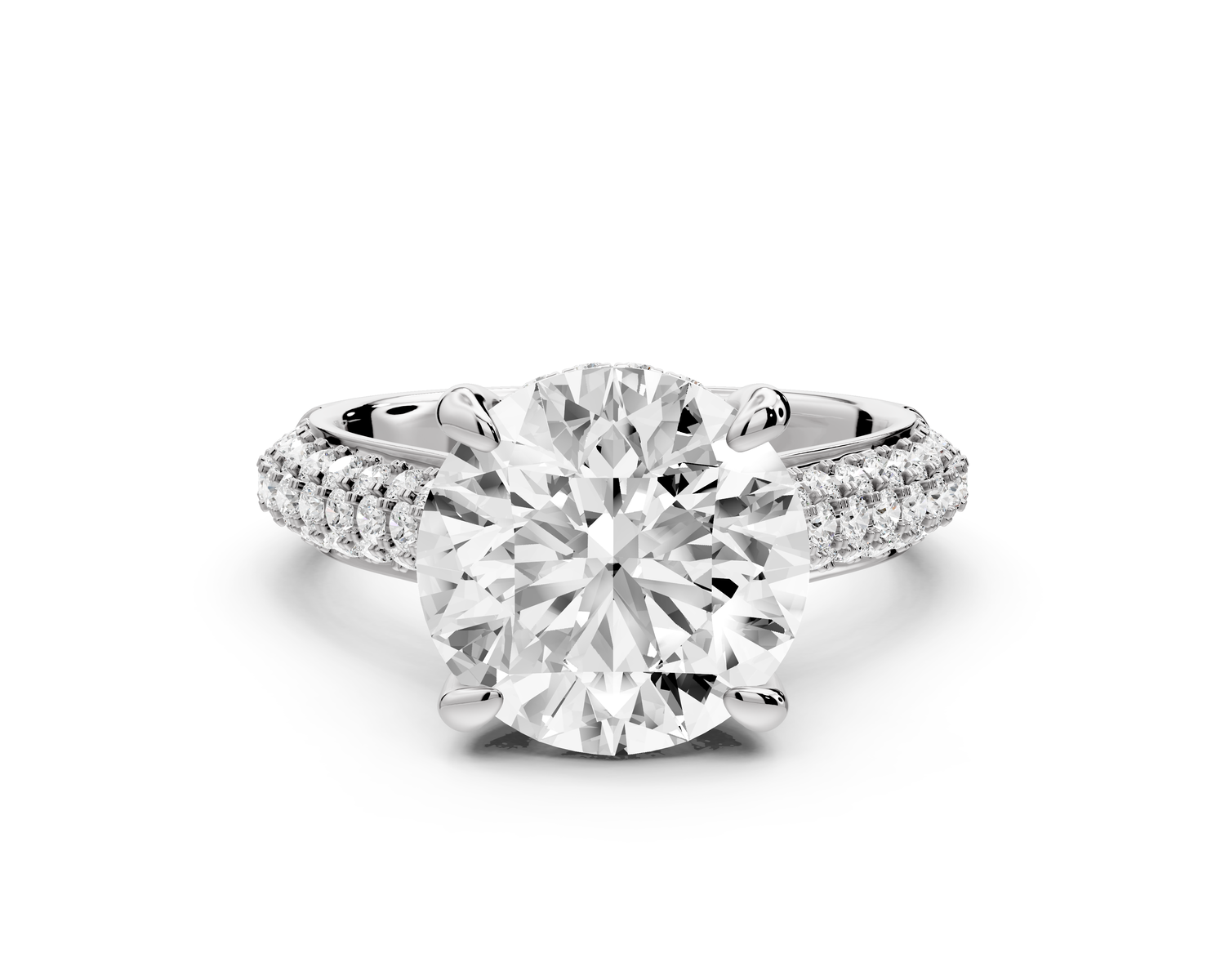 Camille - 4ct 14k white gold round Diamond hidden halo rollover pave cathedral engagment ring