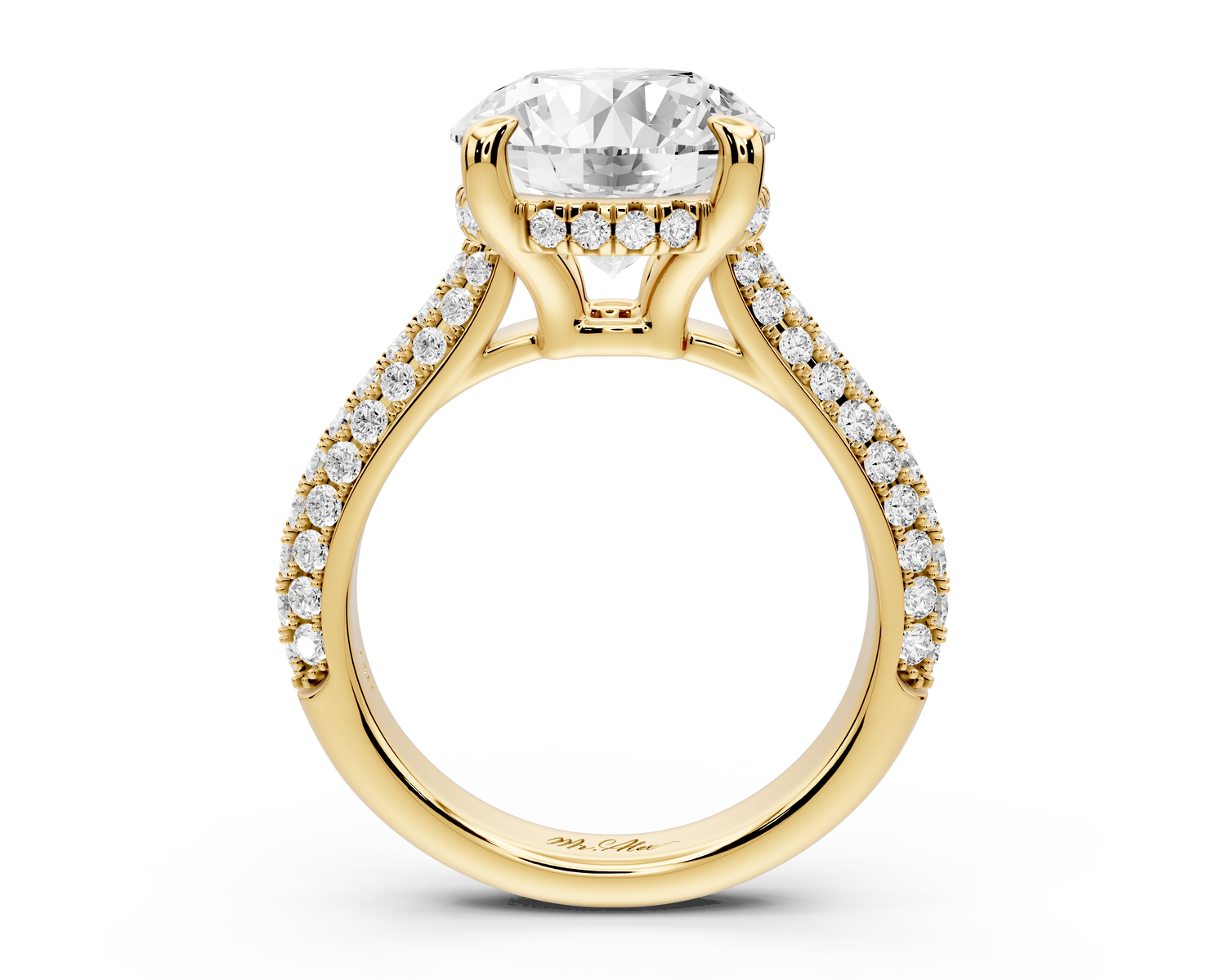 Camille - 4ct 14k yellow gold round Diamond hidden halo rollover pave cathedral engagment ring