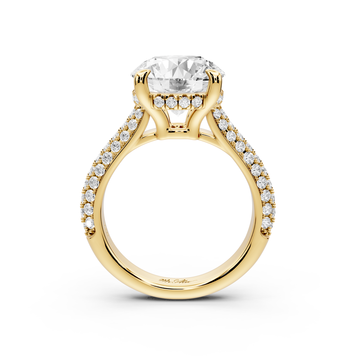Camille - 4ct 14k yellow gold round Diamond hidden halo rollover pave cathedral engagment ring