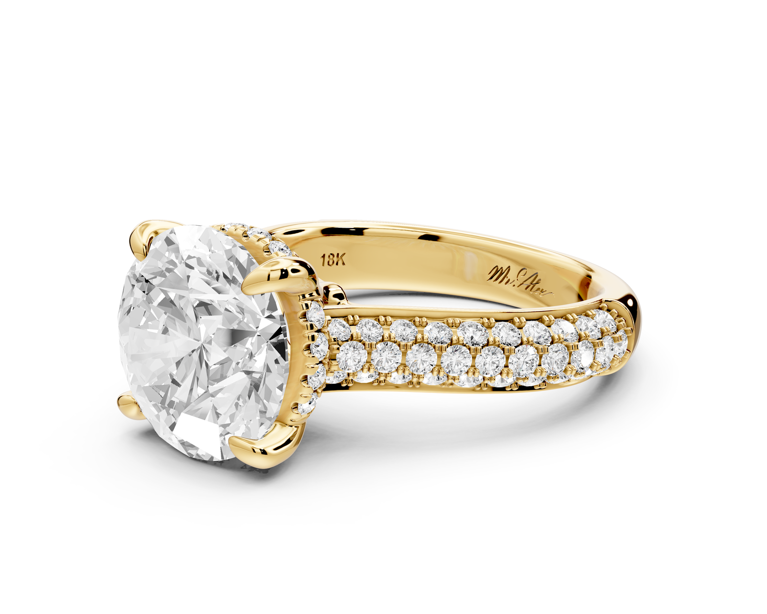 Camille - 4ct 14k yellow gold round Diamond hidden halo rollover pave cathedral engagment ring