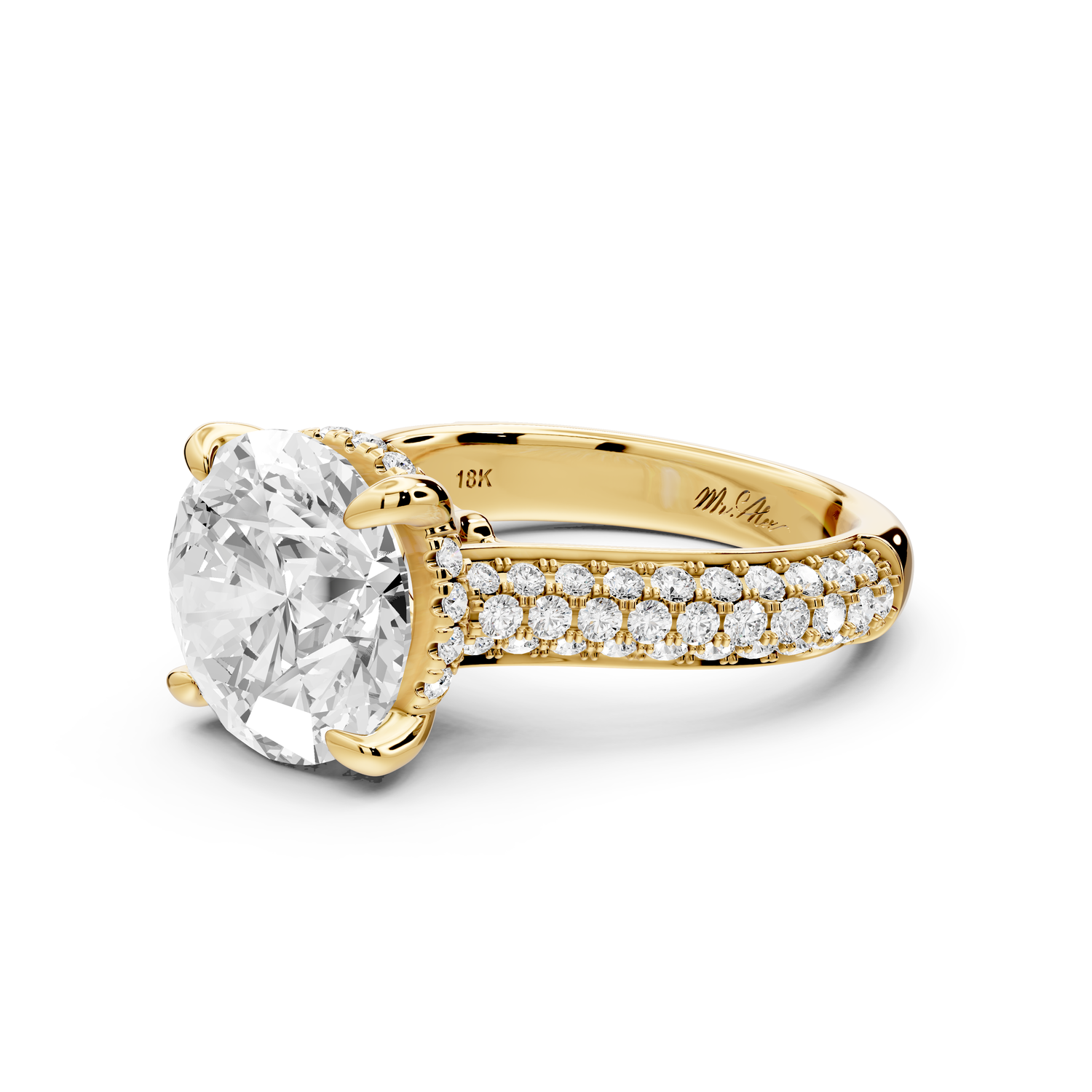 Camille - 4ct 14k yellow gold round Diamond hidden halo rollover pave cathedral engagment ring